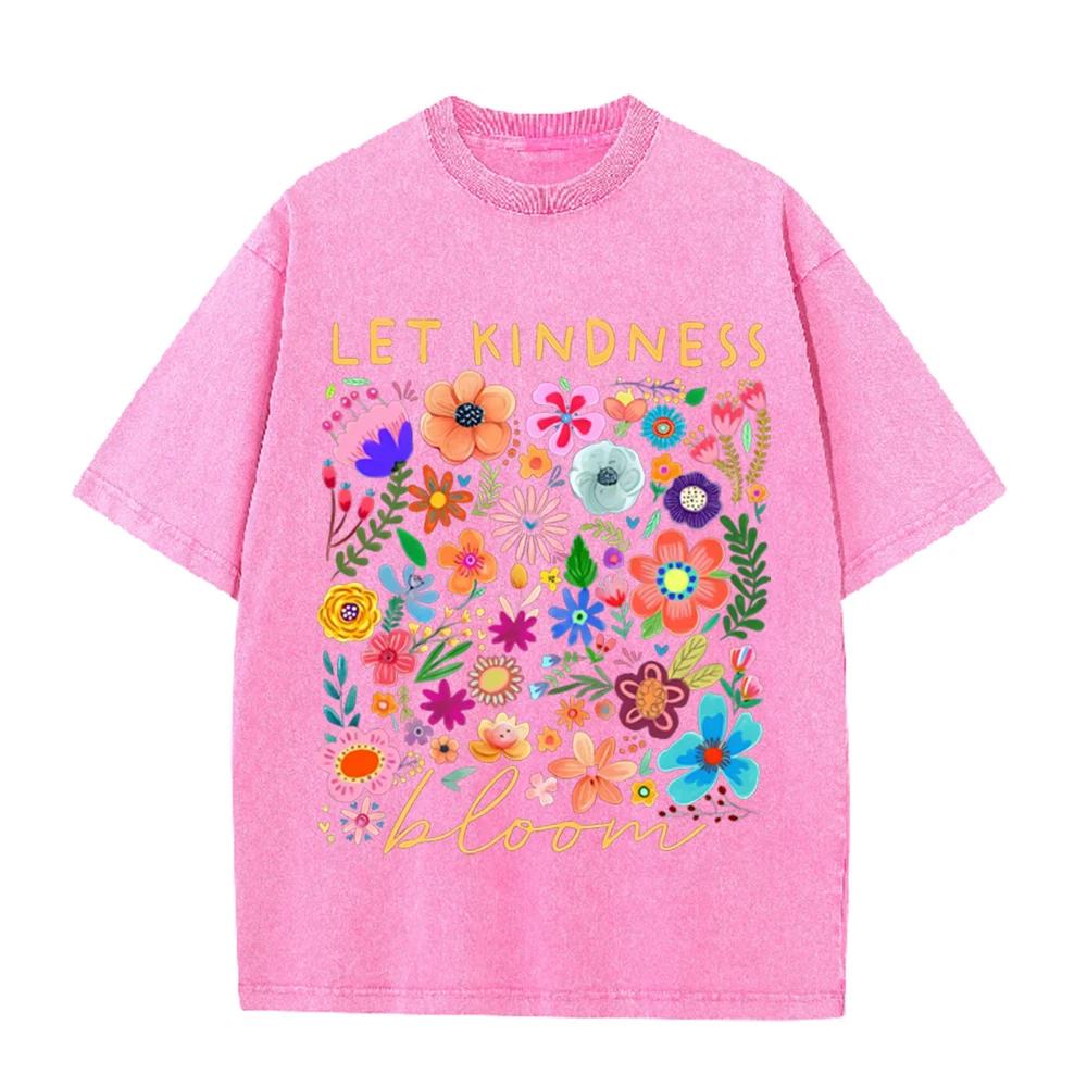 2026 Boho Spring Floral Tee Colorful Flower Illustration Letter Print Casual Comfortable Oversized Tshirt Soft Crew Neck Daily