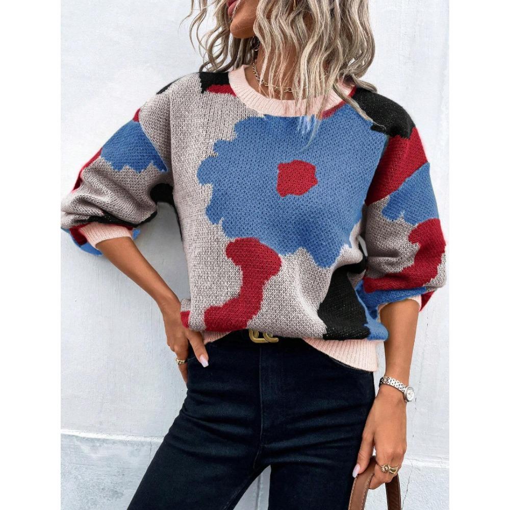 Autumn/Winter Round-neck Long-sleeved Knitted Top – Fashionable and Versatile Jacquard Casual Pullover for Women