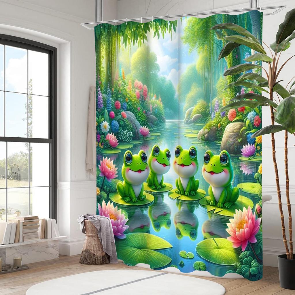 Animal Frog And Lotus Bathing Curtain  Bathroom Shower Curtain Waterproof With 12 Hooks Home Deco Free Ship