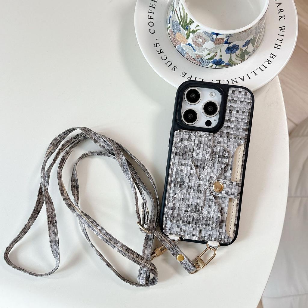 Plaid Wristband Card Holder Wallet Phone Case for Apple 17 Crossbody Cord for IPhone 16promax Leather Fashion