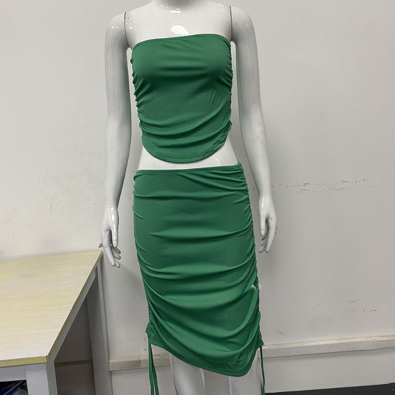 European and American Spring/summer Fashion Sexy Strapless Slim Fit Drawstring Waist Lifting Skirt Set