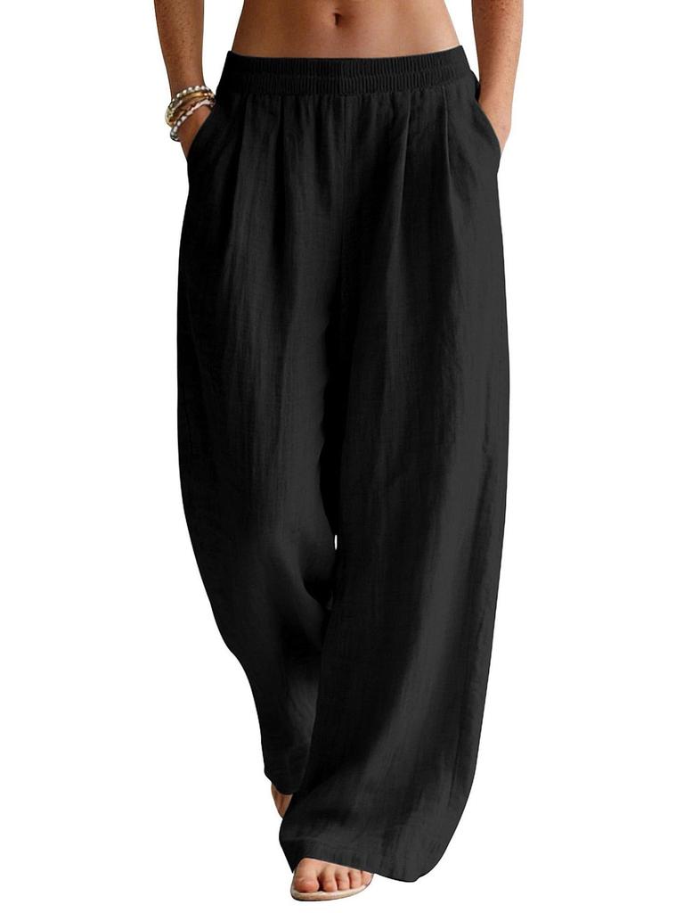 Women's Flowy Linen Wide-Leg Pants - Summer Beach Travel Wear with Elastic Waist & Pockets