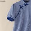 ZANZEA Women Casual Stand Collar Short Sleeve Summer Grid Print Blouse