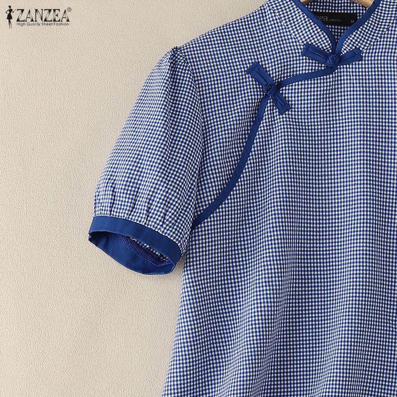 ZANZEA Women Casual Stand Collar Short Sleeve Summer Grid Print Blouse
