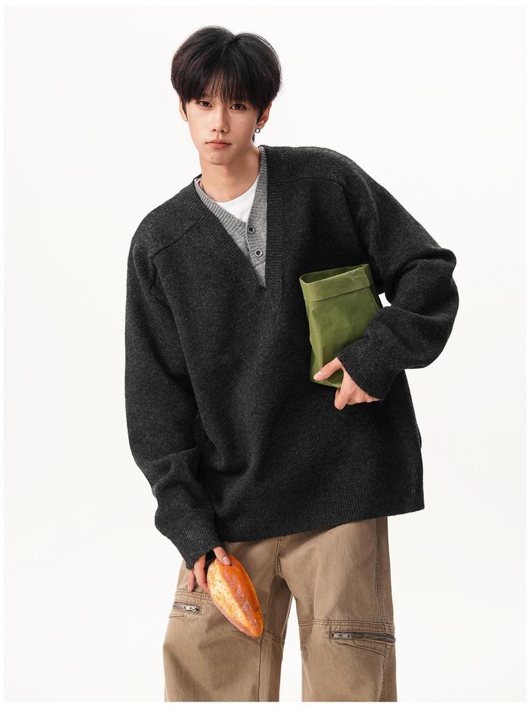 Retro V-Neck Knit Sweater for Men - Two-Piece Look, Arctic Fleece, High-Quality Long Sleeve Pullover