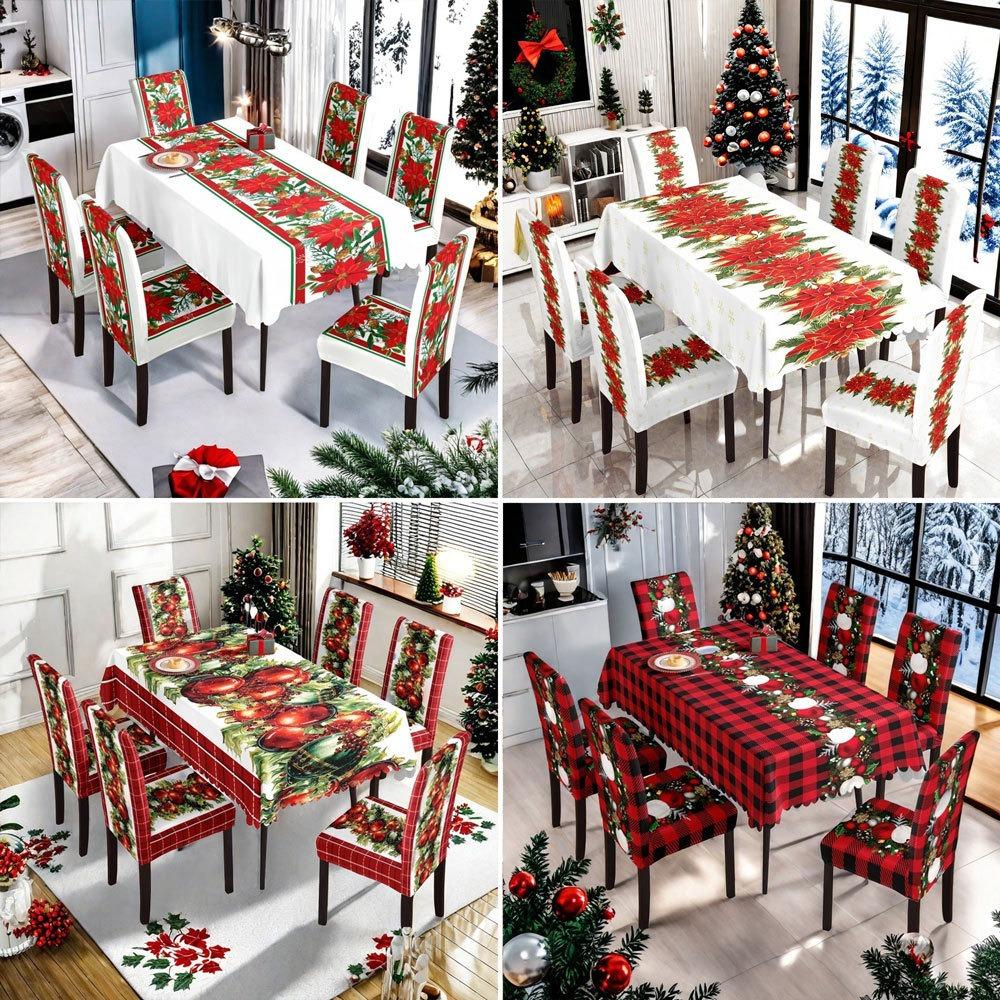 Christmas Waterproof Printed Tablecloth and Chair Covers Set Holiday Dining Decor