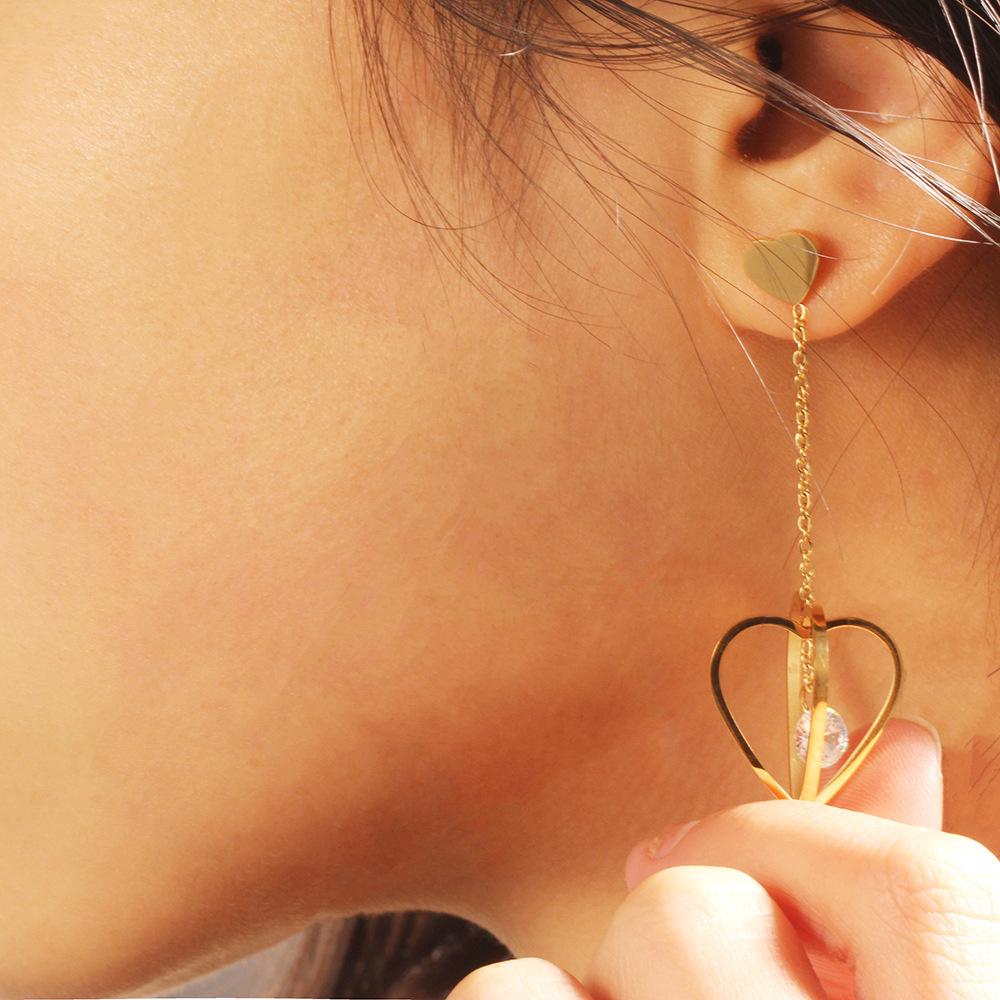 25MM Long Hollow 3D Heart Rhinestone Stud Earrings in Stainless Steel