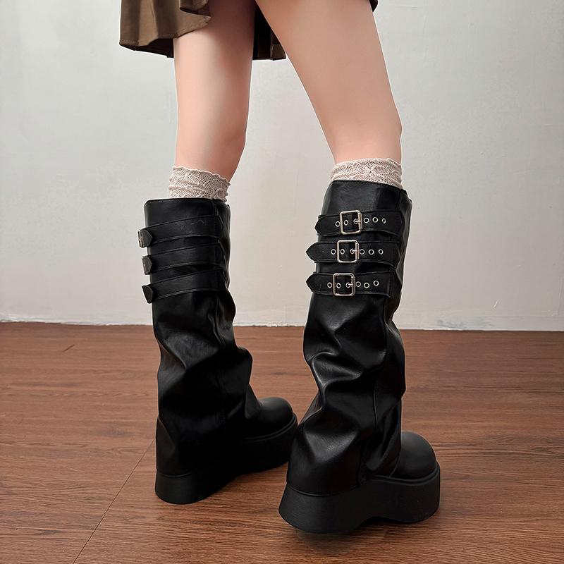 Winter Punk Style Pleated Splicing Women Knee High Boots Fashion Platform Thick Heels Long Booties  De Mujer