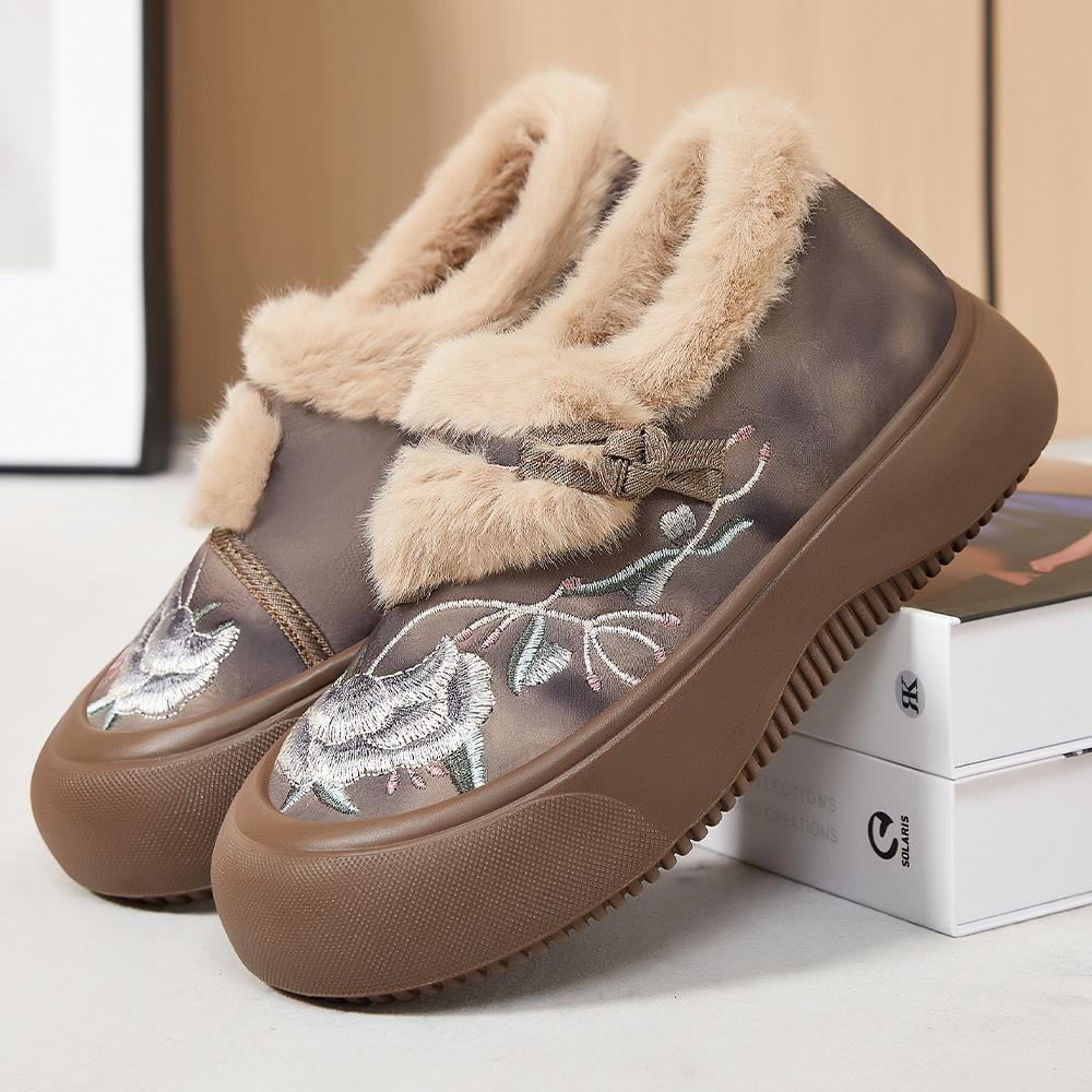 Women's Fashion Embroidered Furry Mouth Lightweight Winter Warm Snow Boots Plush Lining Non-slip Wear-resistant Casual Outdoor Sports Cotton Boots