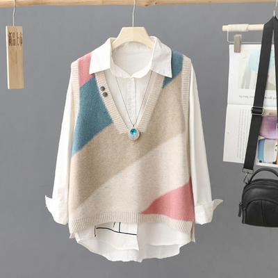 Womens Color Block V Neck Knit Vest Pullover Sleeveless Layering Sweater