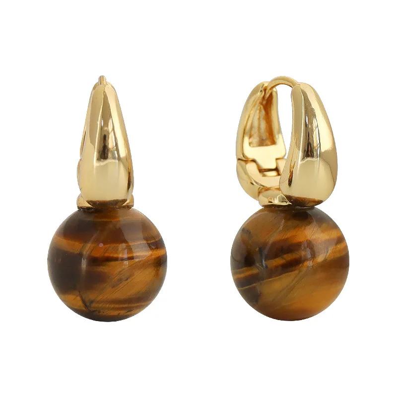 Women 12mm Natural Tigereye Hoop Earrings Gold Plated Copper Circle Earrings Autumn Winter Party Fashion Jewelry Gift