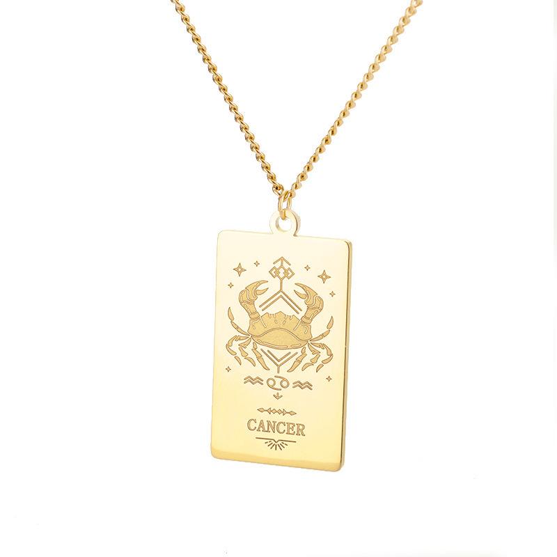 European 12 Constellations Stainless Steel Square Pendant Necklace for Men & Women - Retro Hip Hop Style Titanium Steel Jewelry