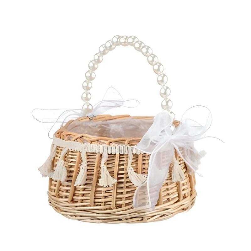 

Корзина для цветов с ручкой из жемчуга Натуральная плетеная корзина для хранения Плетеная ротанговая корзина для пикника