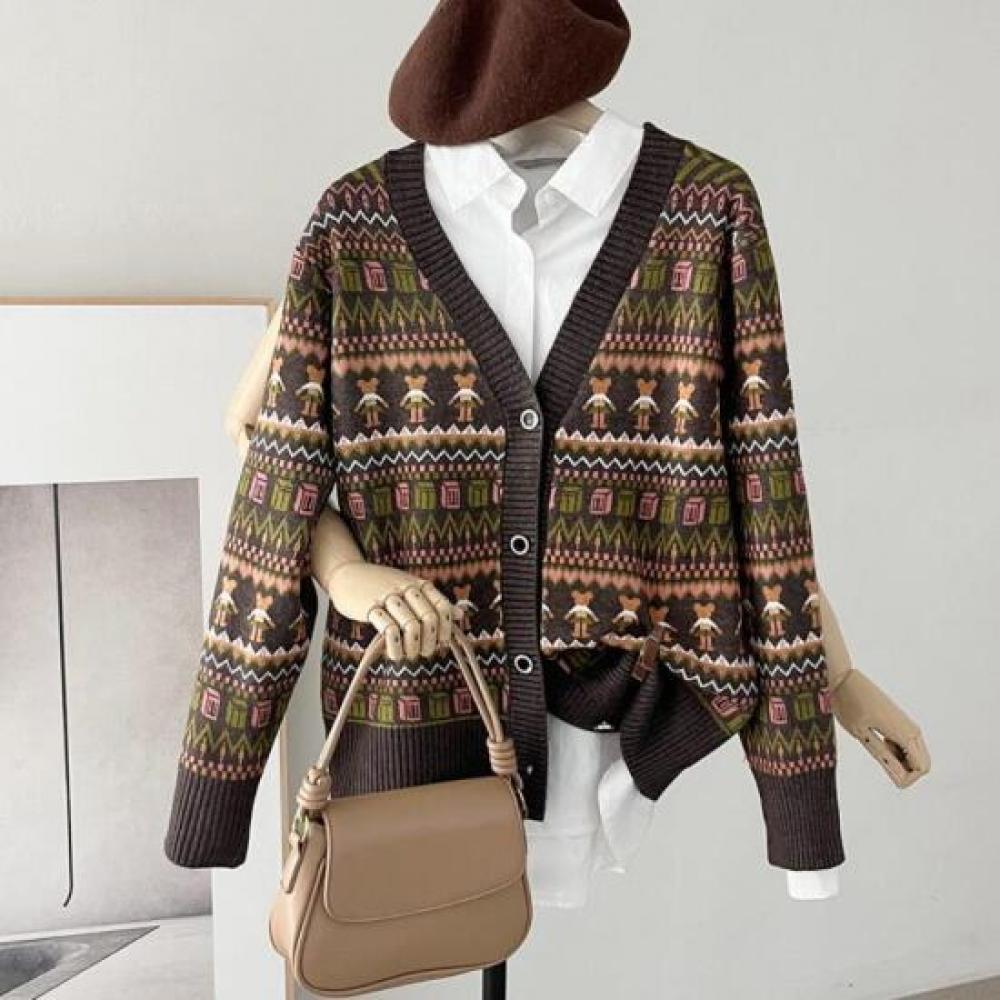 New ArriVals Open Run Women V Neck Button Unique Pattern Casual Cardigan