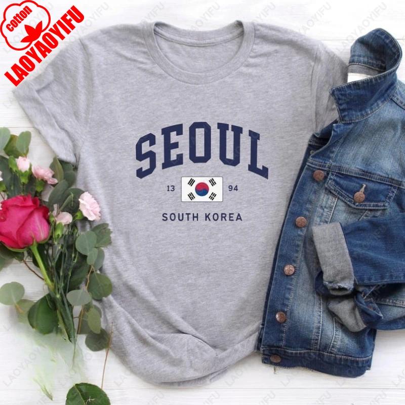 Seoul South Korean Flag Unisex Tees Vintage Classic Fashion Streetwear Tops Unisex Women High Quality Cotton Street Fashion Tshirt