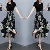 Summer new temperament short-sleeved printed dress medium and long waist cover fake two-piece long dress