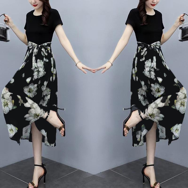 Summer new temperament short-sleeved printed dress medium and long waist cover fake two-piece long dress