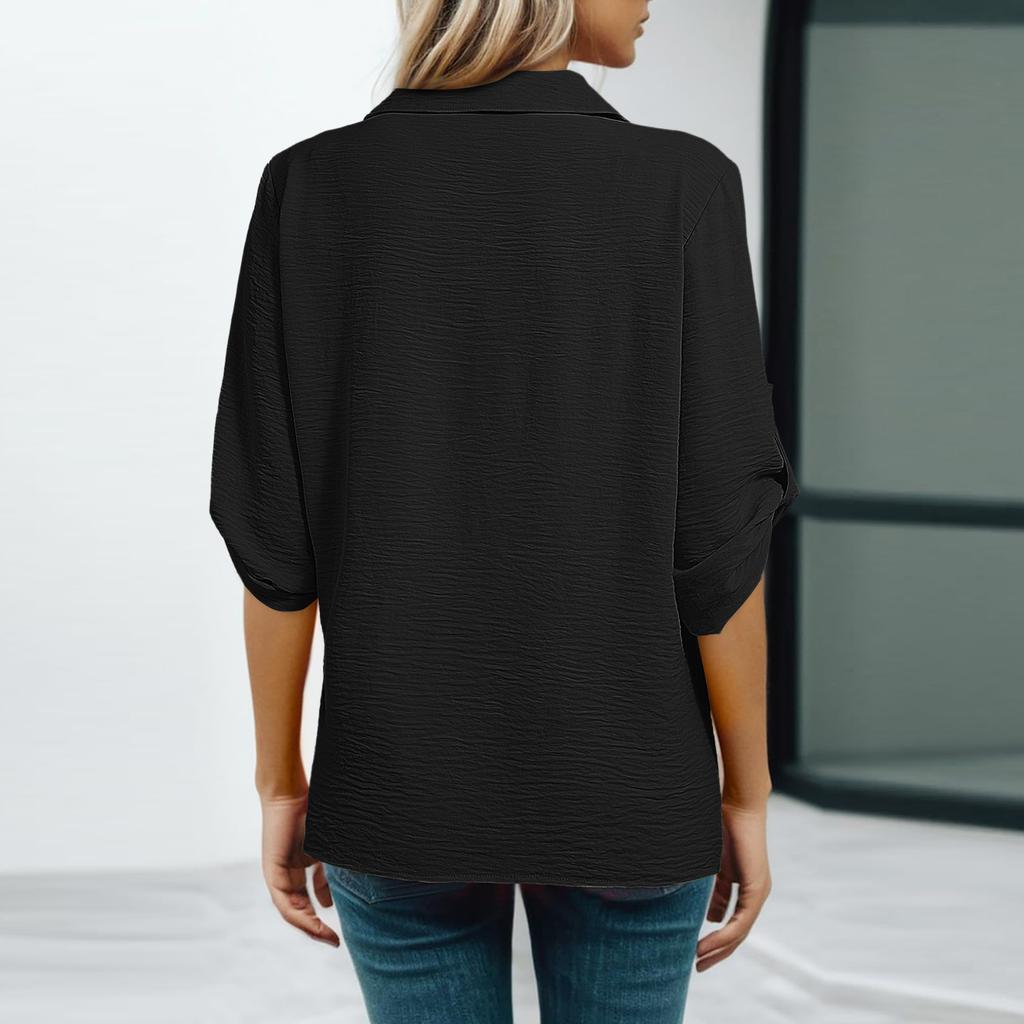 Top da donna casual a manica 3/4 con scollo a V e lavorazione traforata
