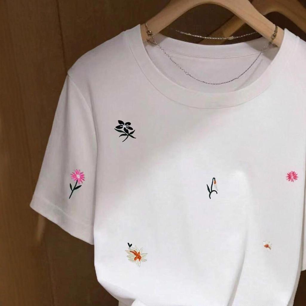 Women's White Cotton T-shirt with Artistic Floral Print