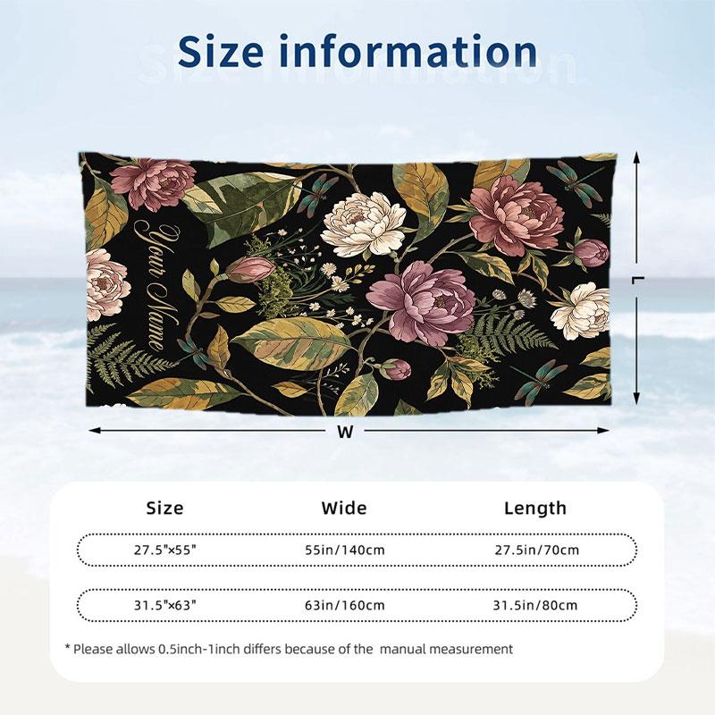 Floral Garden Theme Beach Towel Personalized Custom Name & Text Soft Quick Dry Beach Towel for Swimming Travel