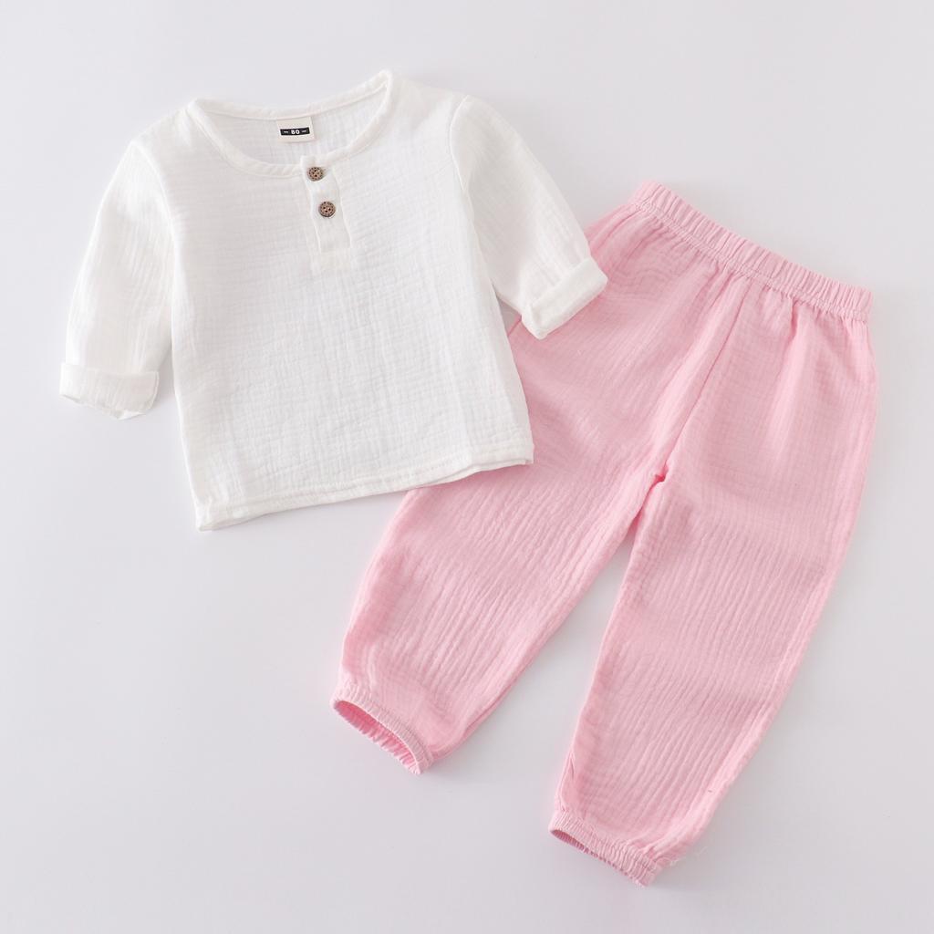 Kids Cotton Linen Long Sleeve Set Spring Summer Outfit Boys Girls Loose Two Piece Pure Color Breathable Comfortable
