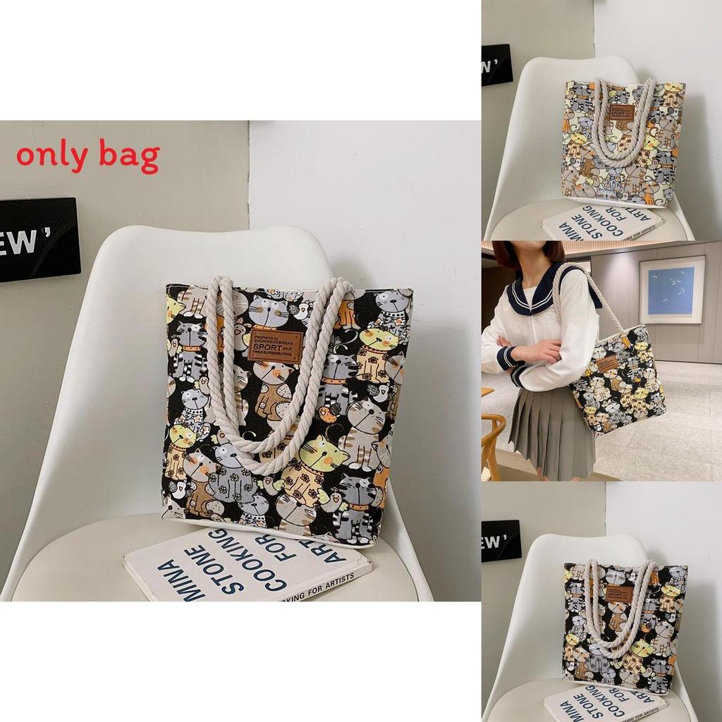 Cute Cartoon Cat Pattern Women Casual Large Capacity Canvas Bag For Daily Use And Street Fashion