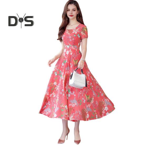 

Женское летнее платье с цветочным принтом, пляжное платье длиной до середины икры с узкой талией, короткими рукавами, круглым вырезом, платье А-силуэта для вечеринки в отпуске L красный