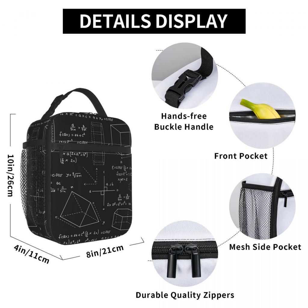 Math Themed Black And White Equation Design Insulated Lunch Bag for Women Children Portable Food Boxes Thermal Lunch Box Tote