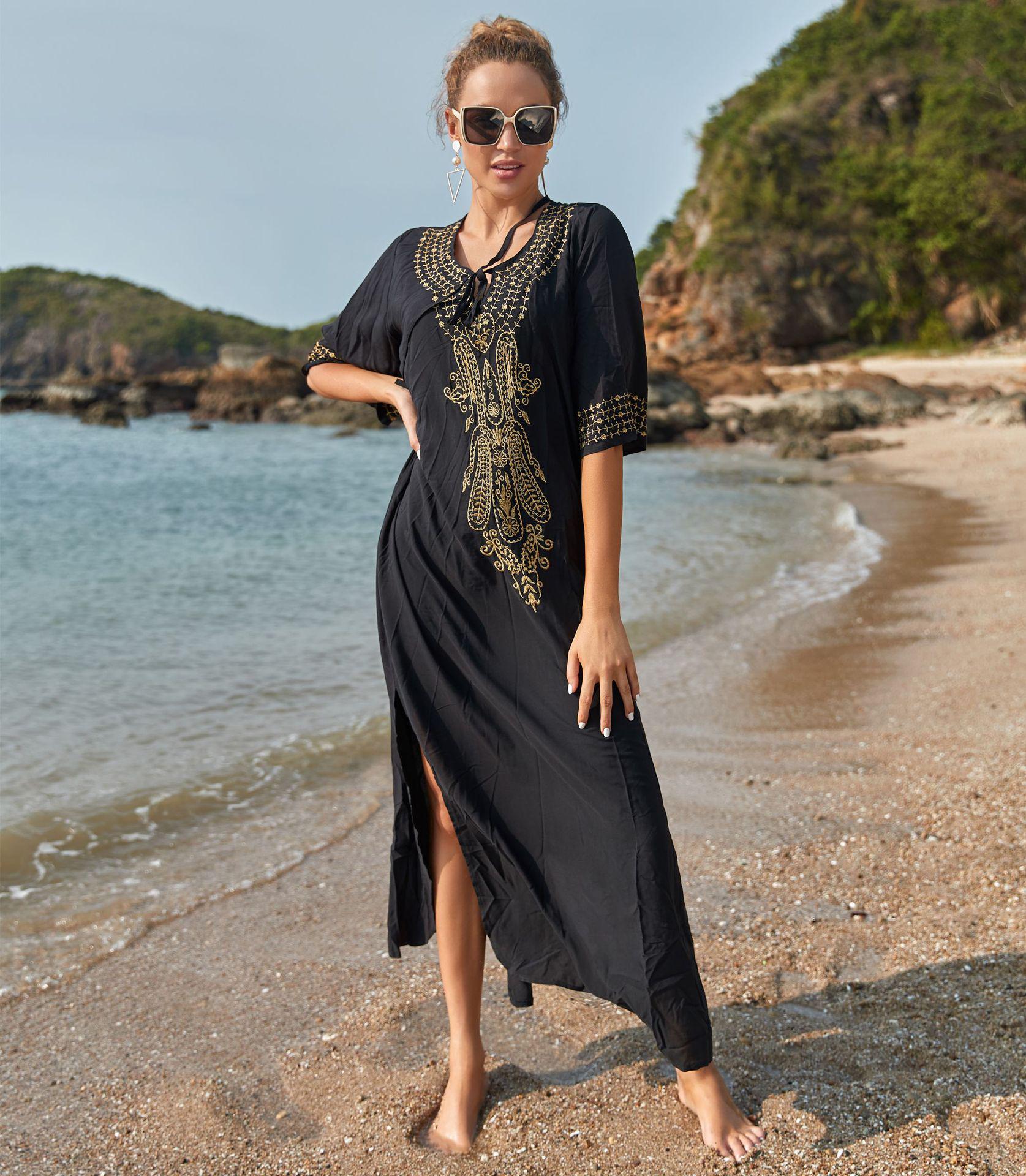 

Пляжная накидка из вискозной вышивки: Свободный длинный халат для отдыха на море, доступен в 6 цветах One Size