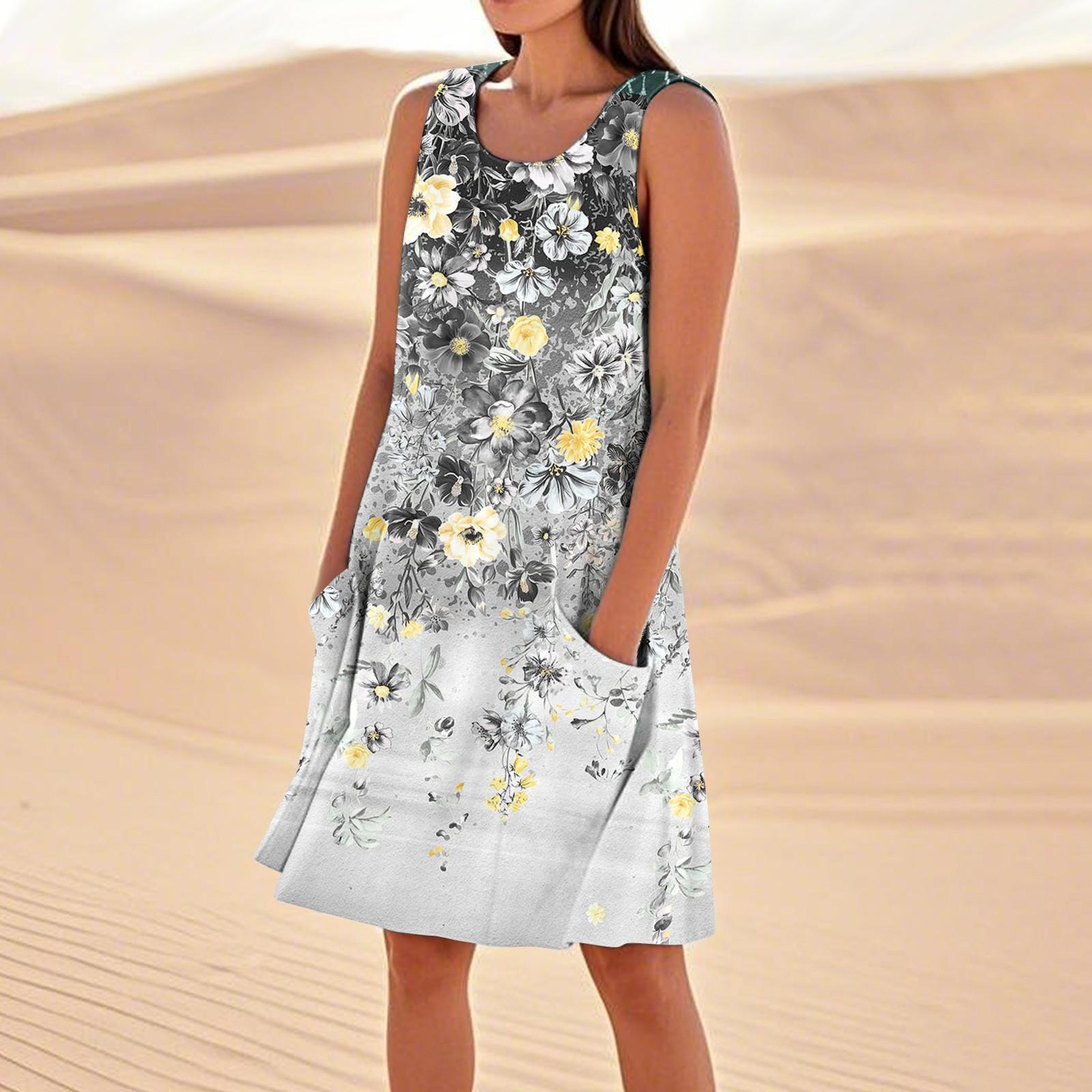 

Летние платья для женщин, свободные пляжные повседневные сарафаны без рукавов с карманами, платье-майка XXL