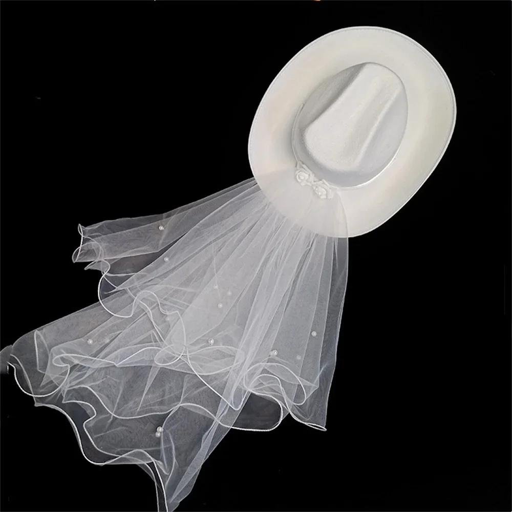 

Bride White Cowboy Veil Hat Pearl Rhinestone Wedding Cowgirl Hat Bach Bachelorette Hen Party Bridal Shower Decoration Gift белый