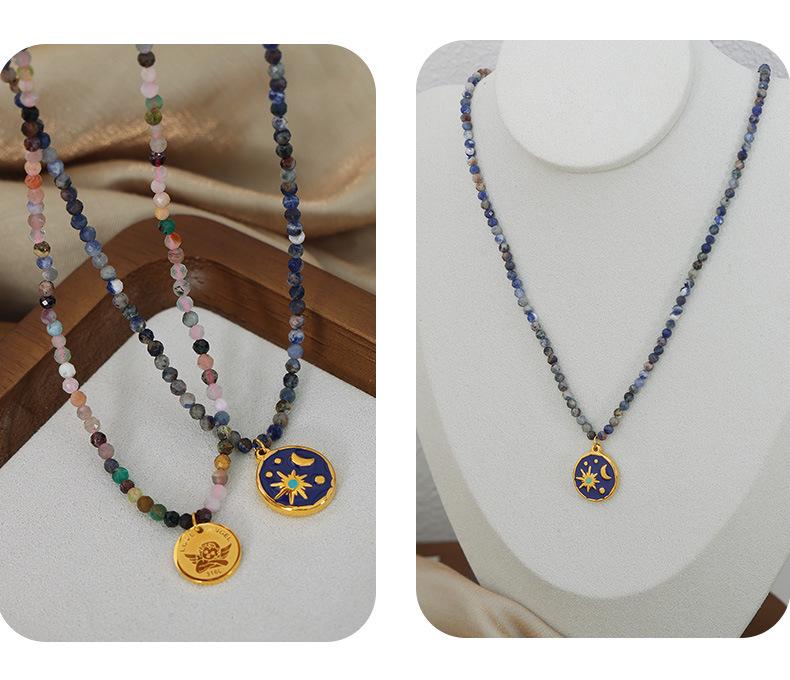 European-American Niche: Blue Spirit Grey Natural Stone Handmade Necklace with Starry Sky Glaze Angel Pendant in Gold-Plated Titanium Steel.