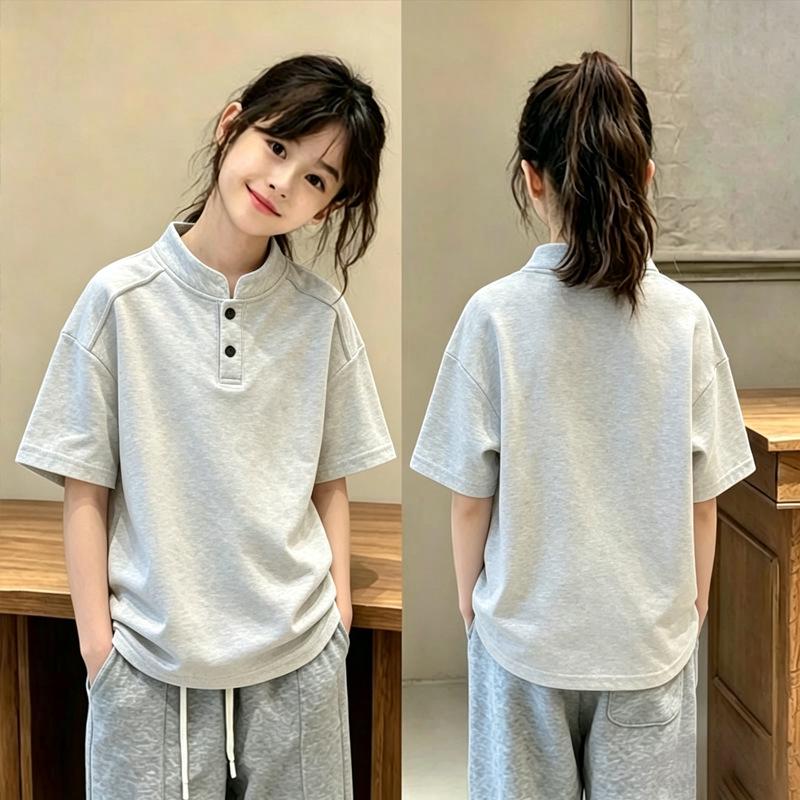 Girls' Stylish Stand-up Collar Polo T-shirt - Short Sleeve, Pure Cotton, Ages 6-12