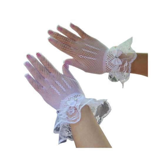 1 par ballhansker for kvinner Gjennomsiktig blonderbue Faux Pearl Dekor Hollow Out Fishnet volangkant Tynn Helfinger Forestillinger Brude Bryllupshansker