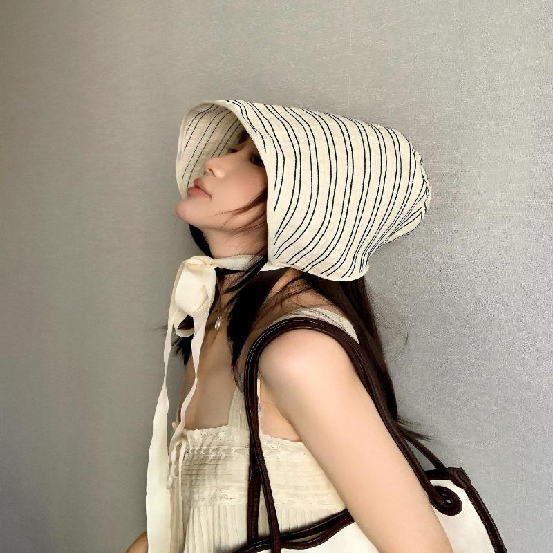 Ribbon Women Striped Fisherman Hat Wide Brim Foldable Summer Sun Hat Sun Protection Solid Color Sunshade Hat