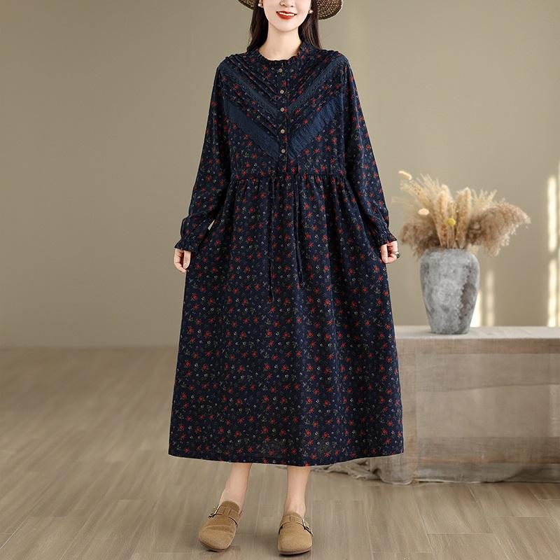 long sleeve Plus size Cotton linen vintage floral new in dresses for women casual loose long spring autumn dress