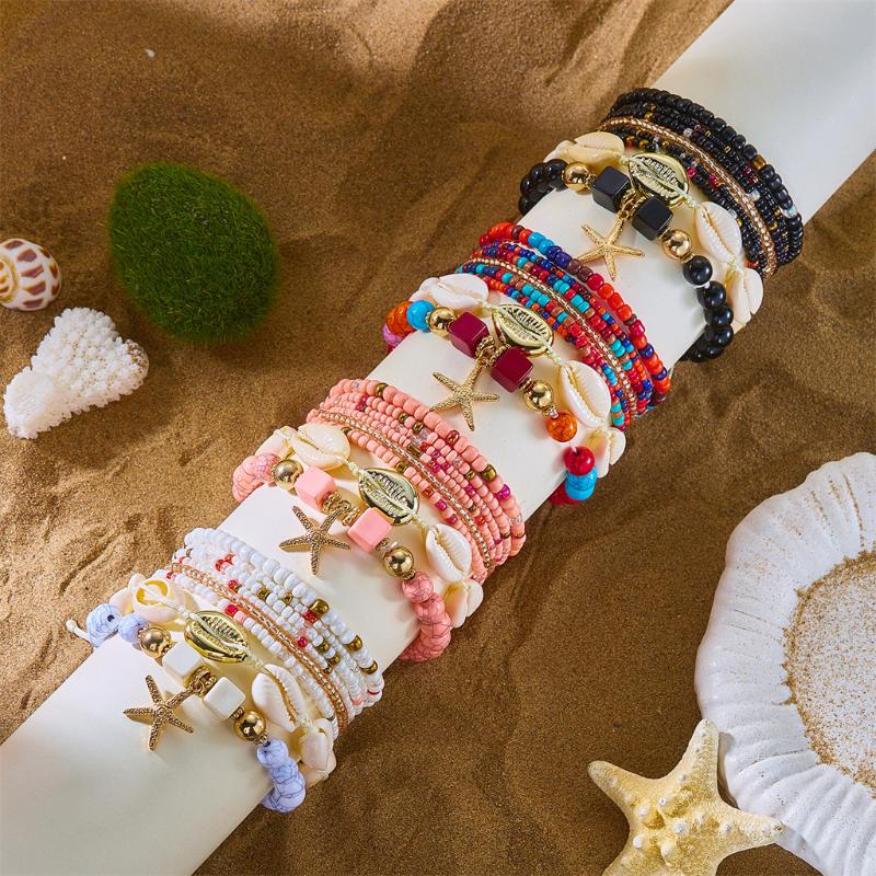 Boho Reisperlen Seestern Anhänger Armbänder Für Frauen Sommer Ozean Strand Muschel Charme Mehrschichtiges Armband Set
