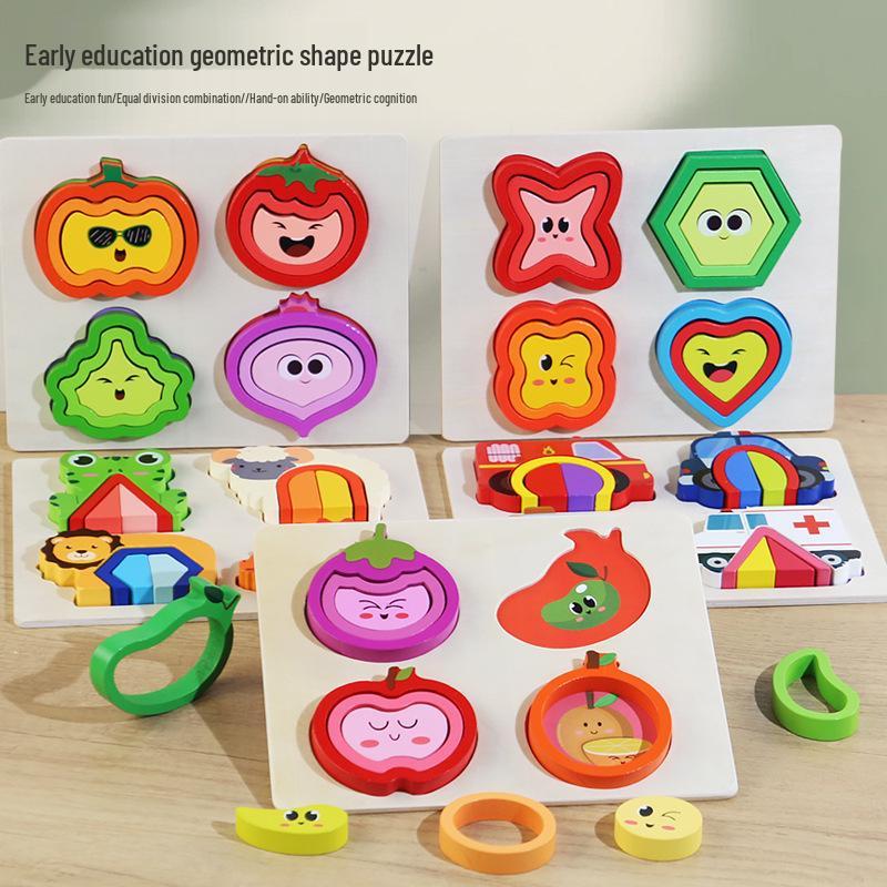 

Early Education 3D Wooden Puzzle: Geometric Shapes, Animals, Transportation & Fruits