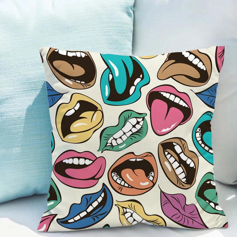 Cover Cushion Covers Sofa Mouth Illustration Double-sided Printing Decorative Pillows for Bed Bedroom Couch Short Plush Pillow