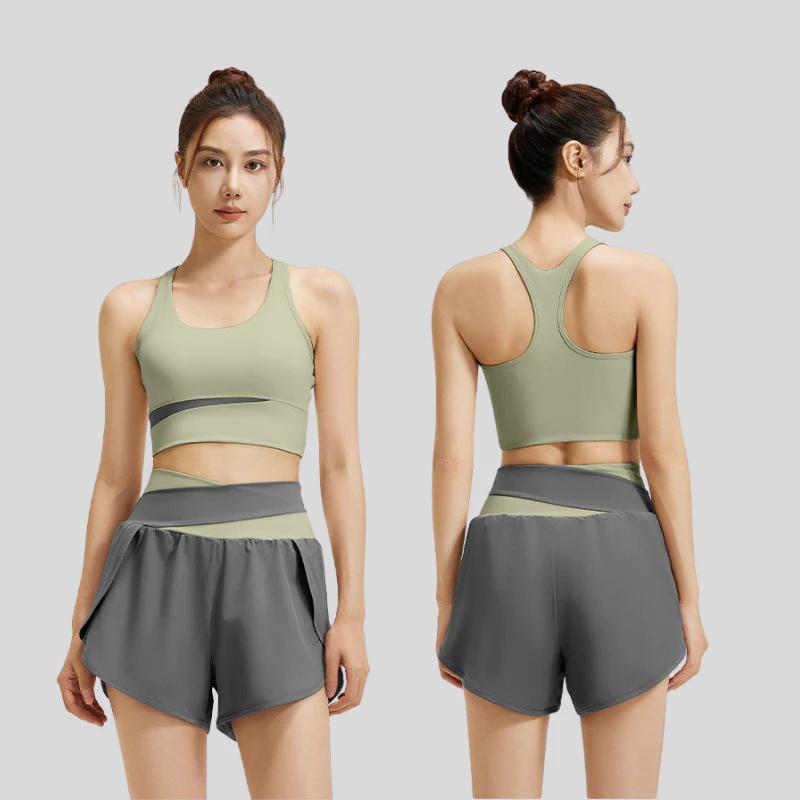 Conjunto de Shorts com Sutiã Esportivo e Top Regata Yoga Muay Thai Boxe Treino de Exercícios Pilates Fitness Workout Roupa Esportiva Feminina Academia Secagem Rápida Tecido Elástico
