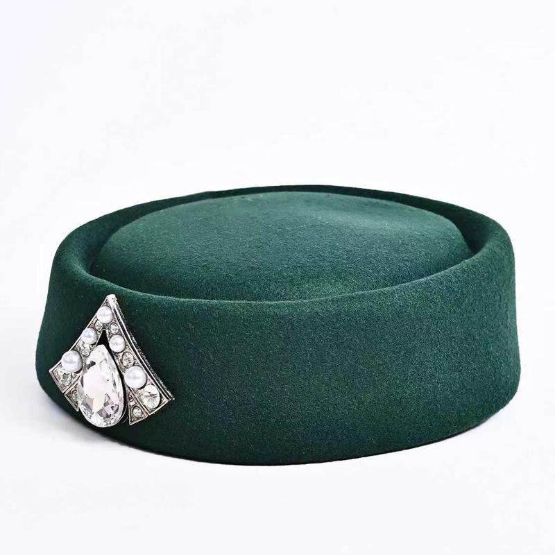 Autumn Winter British-Style V-Diamond Flat-Top Fedoras Retro Solid-Color Premium-Feel Beret Versatile Stewardess Hat Pillbox Hat