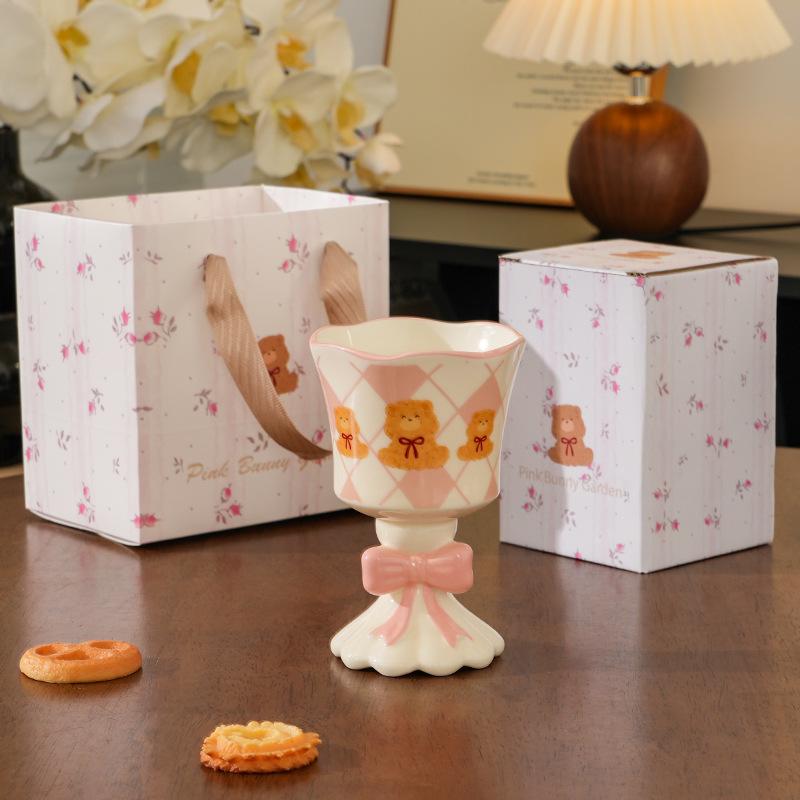 Pink Cartoon Bear Tall Ceramic Mug Ice Cream Cup Cute Wind Wine Glass Egg Gift Box Souvenir