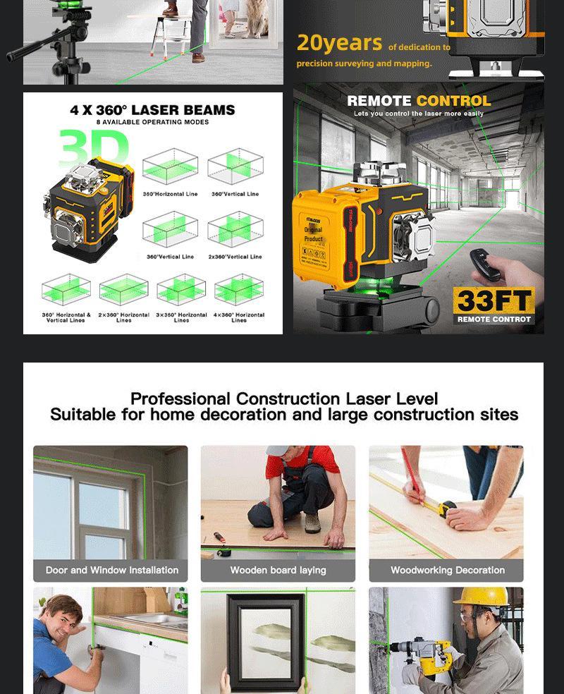High-Precision Laser 12-Line Green Light Infrared Level Meter with 16 Floor Stickers