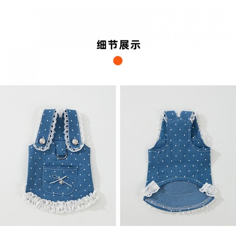 Minimalist Dog Dress With Denim Polka Dot Trim Harness-Compatible Back Strap