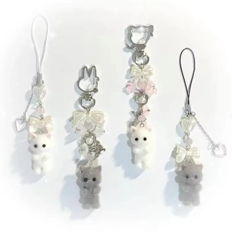 Furry Kitten Keychain Handmade Y2k Women Fashion Acrylic Animal Plush Bead Keychain Bag Pendant Gift Keychain Accessories