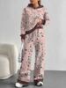 European, American autumn and winter blue splicing flower casual long-sleeved suit women's hooded sweater trousers two-piece set