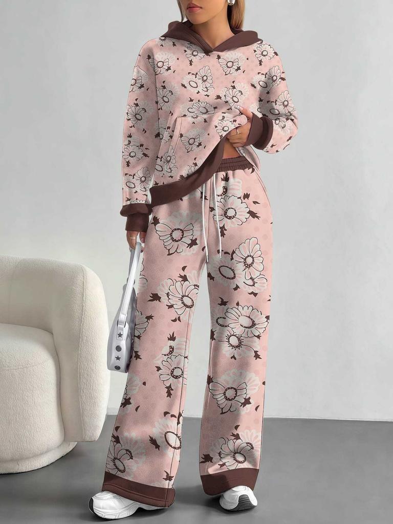 European, American autumn and winter blue splicing flower casual long-sleeved suit women's hooded sweater trousers two-piece set