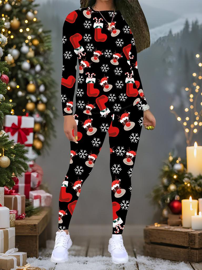Women's Christmas Print 2-Piece Outfit: Long Sleeve Crew Neck Top & Pants, Holiday Limited Casual Party Gift Suit