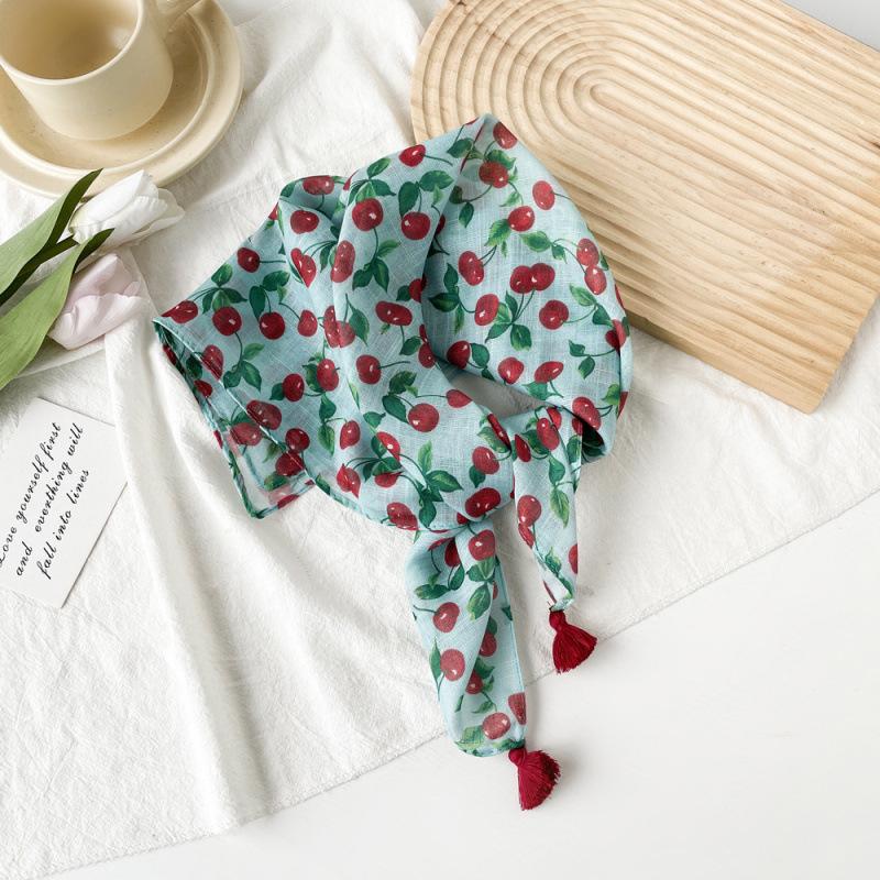 Small Fresh And Sweet Silk Scarf Square Scarf High-End Cute Style With Cotton And Linen Small Square Scarf Women'S Scarf Fringed Pendant
