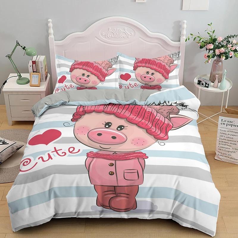 Cartoon Lovely Pig Bedding Set Boys Girls Twin Queen Size Duvet Cover Pillowcase Bed Kids Adult Home Textileextile
